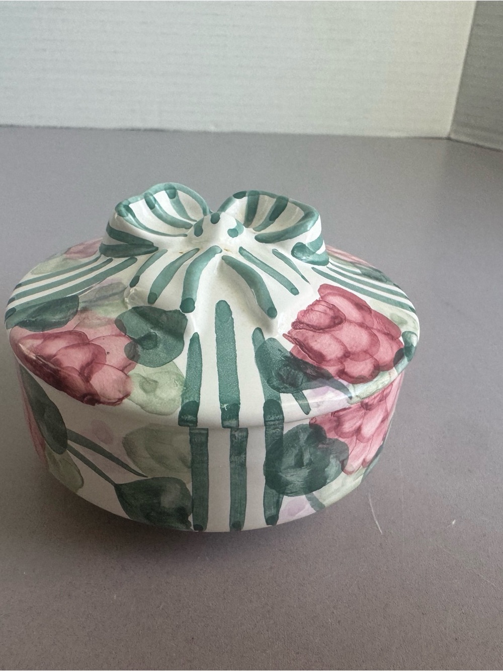 Hand-Painted Floral Trinket Box - Green & Rose Pink